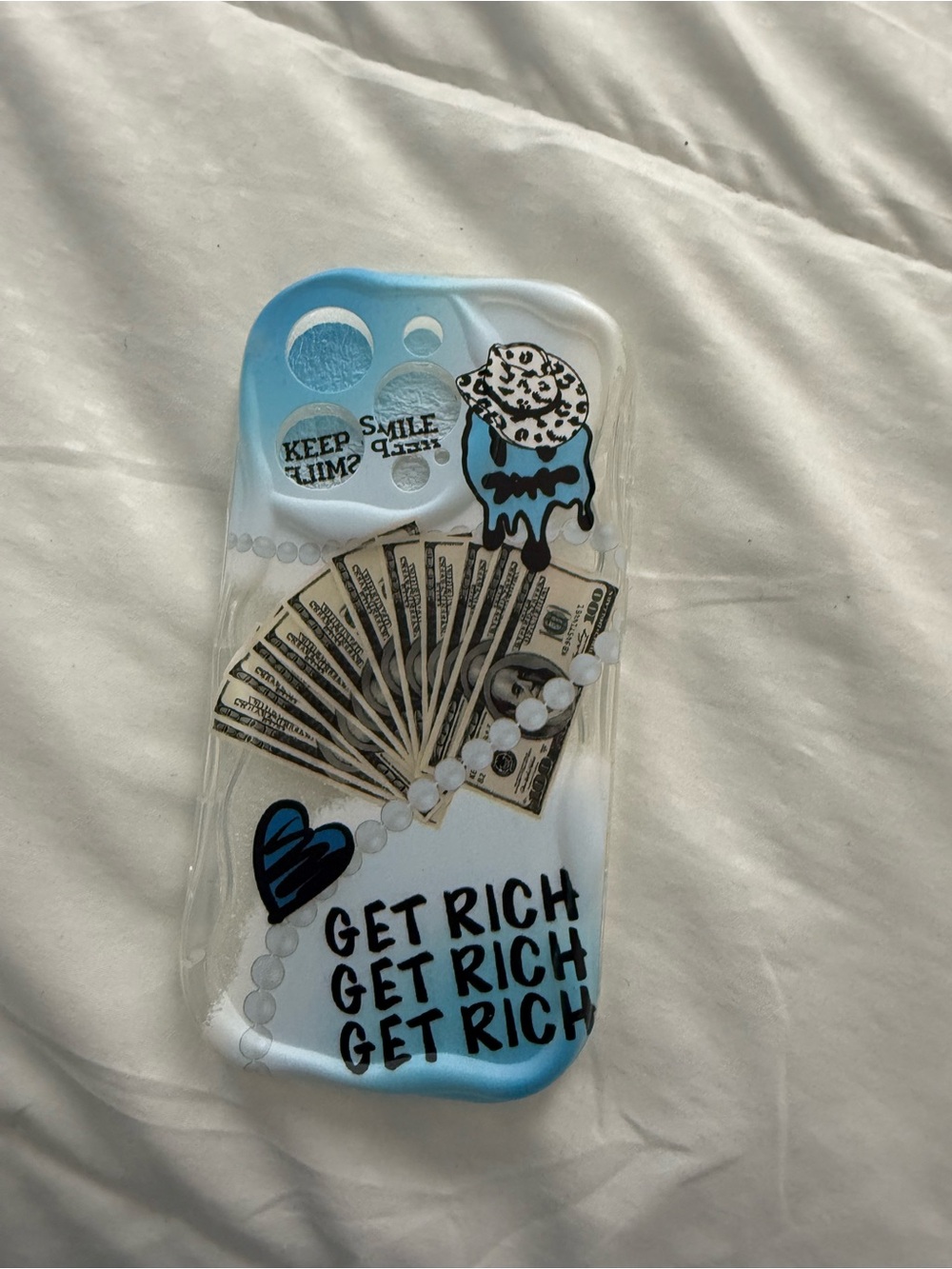 SHEIN IPhone 15 Pro Clear Phone Case with Blue Gradient, Money & 'Get Rich'